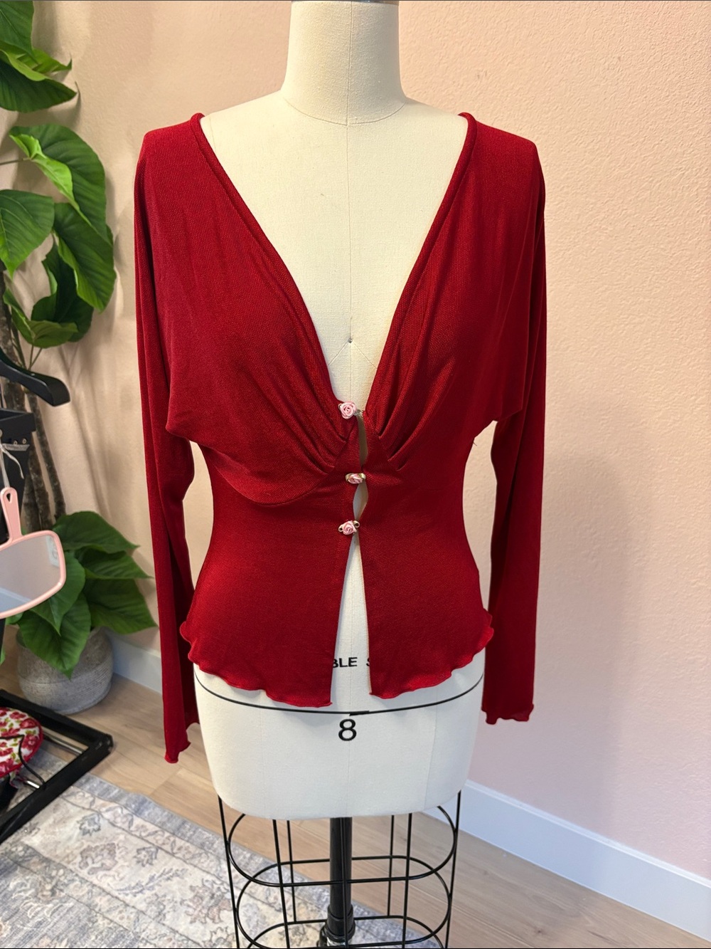 Deep Red Long-Sleeve Plunge Button-Front Top